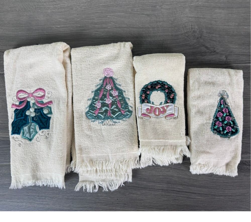 Holiday Set of Ivory Cream Green Pink Applique Christmas Hand Towels